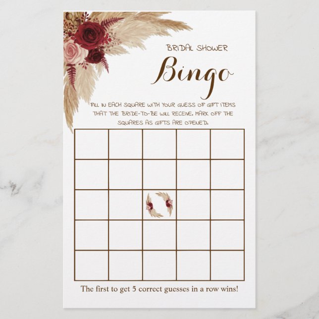 Brautparty Bingo Pampas Grass Game Card Flyer (Vorne)