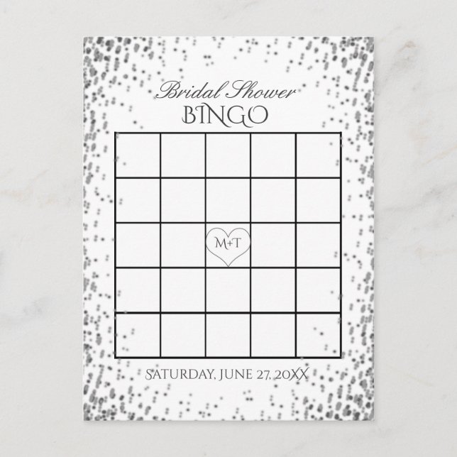 Brautparty Bingo | Silver Confetti Einladungspostkarte (Vorderseite)