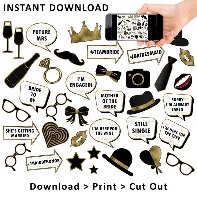 Brautparty Black & Gold Foto Booth Signature-Eigen Poster (This is intended for Digital Instant Download / Printable Purchase. Click the "Choose Your Format".)