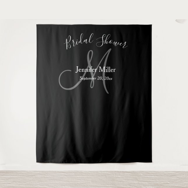 Brautparty Black Gray Monogram Name Foto Stand Wandteppich (Vorderseite)