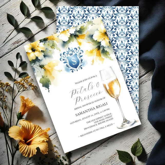 Brautparty Blau und Gelb Petals & Prosecco Einladung (Bridal shower invitations watercolor yellow hibiscus flowers blue monogrammed crest)