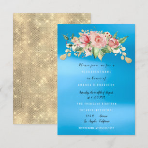 Brautparty Blaue Bemalte Blumen Wasserfarbe Einladung