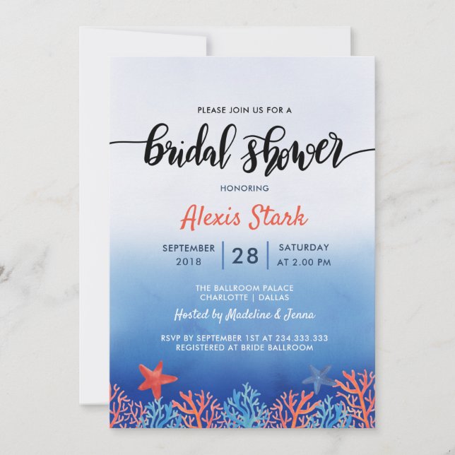 Brautparty "Blaue Korallen" Einladung (Vorderseite)