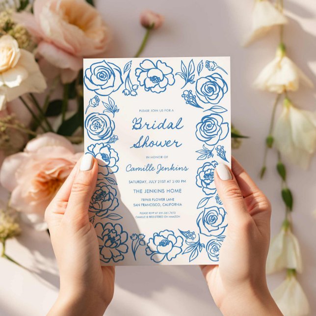 Brautparty Blauer Blütenblätter Einladung (Blue Floral Hand Drawn Bridal Shower Invitation)