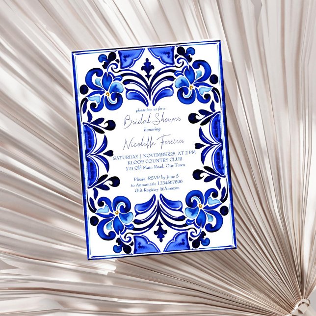 Brautparty "Blaues Mittelmeer" Einladung (French Blue Mediterranean tiles bridal shower Invitation template digital download white blue themed)
