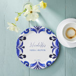 Brautparty "Blaues Mittelmeer" Pappteller<br><div class="desc">Blue Majolica Mexican Talavera Spanisch Französisch Mittelmeer Fliesen Brautparty gedruckte Papier Teller Vorlage. Moderne Aquarellfarben mit blauen Farbtönen mit modernem handgeschriebenem Schriftart personalisierte Tafelgeschirr bedruckte Teller kundenspezifische Tischdekoration</div>