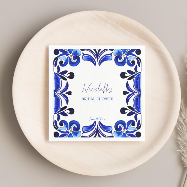 Brautparty "Blaues Mittelmeer" Serviette (French Blue Mediterranean Spanish tiles bridal shower printed Napkins template personalized tablewar)