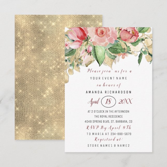 Brautparty Blume Brunch Green Gold Rose Weiß Einladung (Vorne/Hinten)