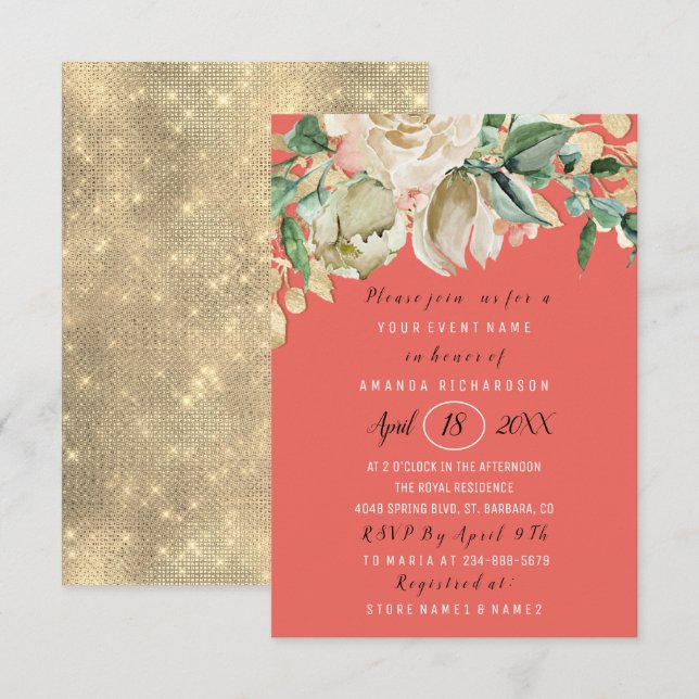 Brautparty Blume Brunch Koralle Grüne Minze Rose Einladung (Vorne/Hinten)