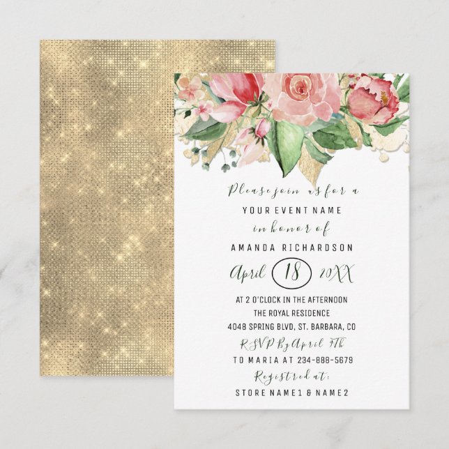 Brautparty Blume Brunch Minze Rose rot Weiß Einladung (Vorne/Hinten)