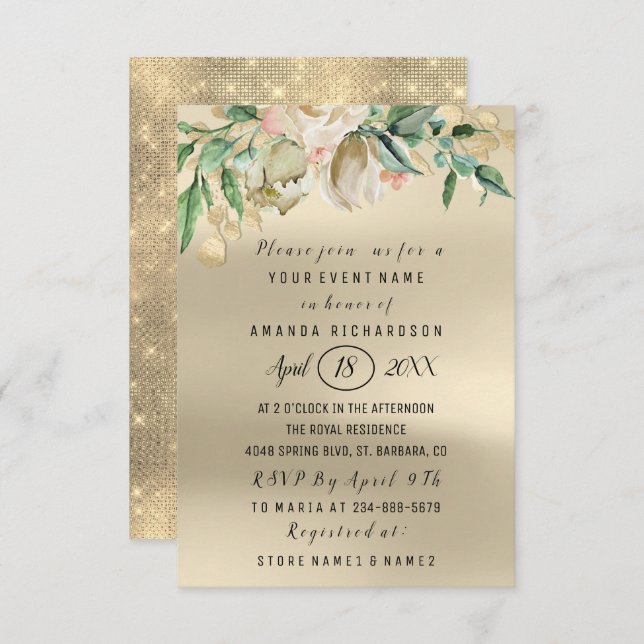 Brautparty Blume Grüne Goldfarbe Einladung (Vorne/Hinten)