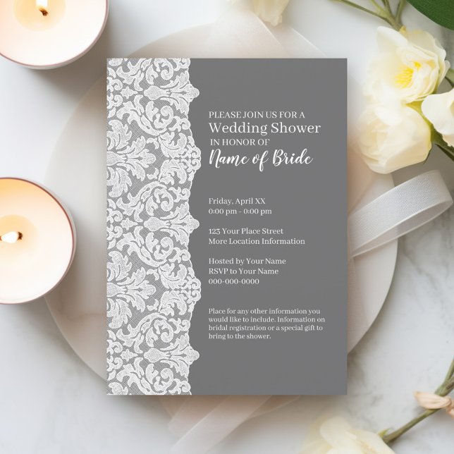Brautparty: Blumenmuster und Grau Einladung (Bridal Shower Invitation - grey and white lace print)