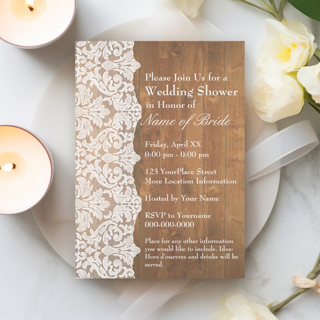 Brautparty: Blumenmuster und rustikales Holz Einladung (Bridal Shower Invitation - Rustic Modern Wood and Lace)