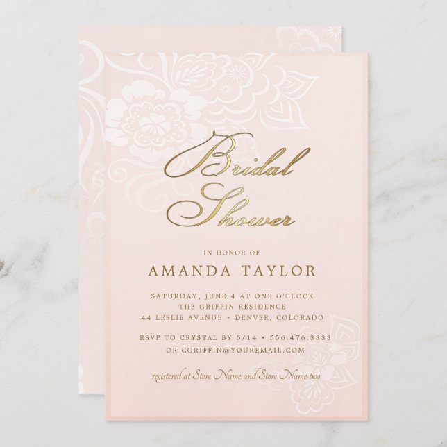 Brautparty Blush Pink Floral Lace Einladung (Vorne/Hinten)
