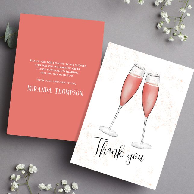 Brautparty Blush Pink Watercolor Champagne Dankeskarte (Thank you pink champagne card, with a custom message on the back. )