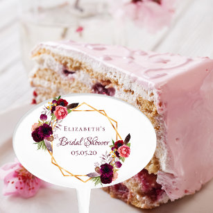 Brautparty Blütengold geometrischer Bordeaux-Name Kuchenaufsatz