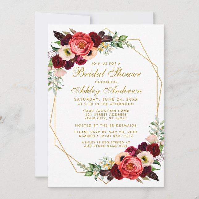 Brautparty Boho Burgundy Floral Invite G Einladung (Vorderseite)