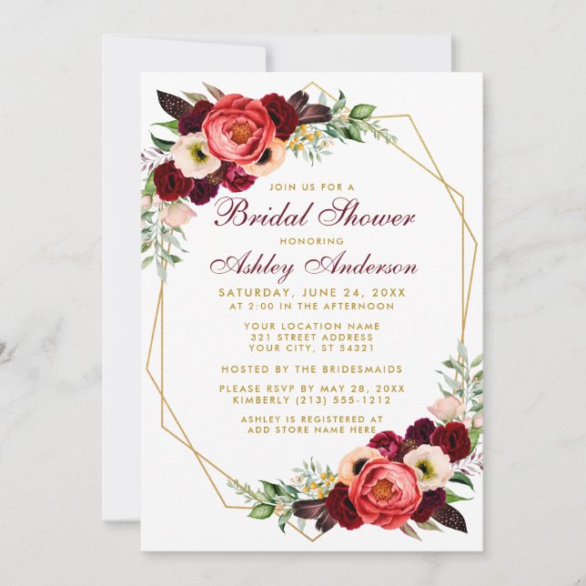 Brautparty Boho Burgundy Floral Invite GB Einladung (Vorderseite)