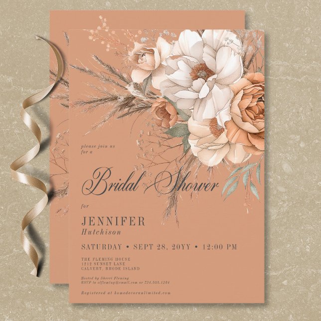Brautparty Boho Peach & Cream Einladung (Boho Peach & Cream Floral Rust Bridal Shower Invitation)