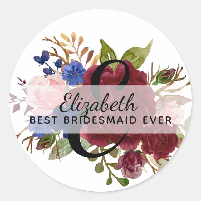 Brautparty Bridesmaids Gift Burgundy Blue Named Runder Aufkleber (Vorderseite)
