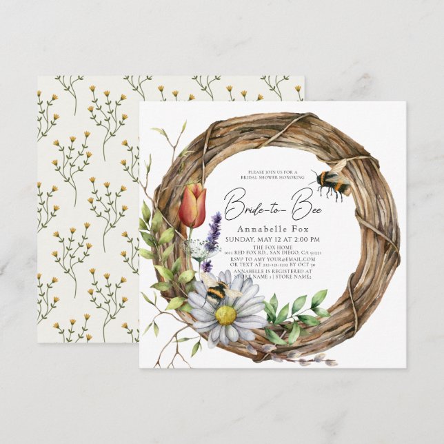 Brautparty "Brie to Bee Floral Vine Wreath" Einladung (Vorne/Hinten)