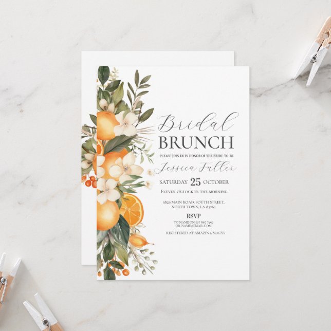 Brautparty Brunch Floral Bachelorette Obst Einladung (Vorderseite/Rückseite Beispiel)