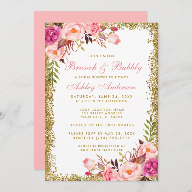 Brautparty Brunch Pink Floral Gold Glitzer Einladung (Vorne/Hinten)