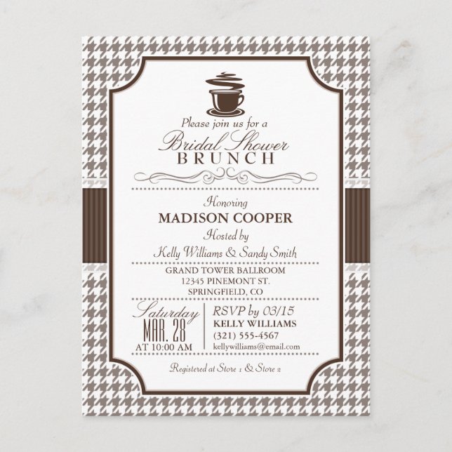 Brautparty Brunch; Taupe Hahnentrittmuster einlade Einladungspostkarte (Vorderseite)