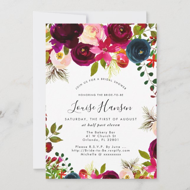 Brautparty, Burgund, Blush+Navy Wasserfarbe Einladung (Vorderseite)