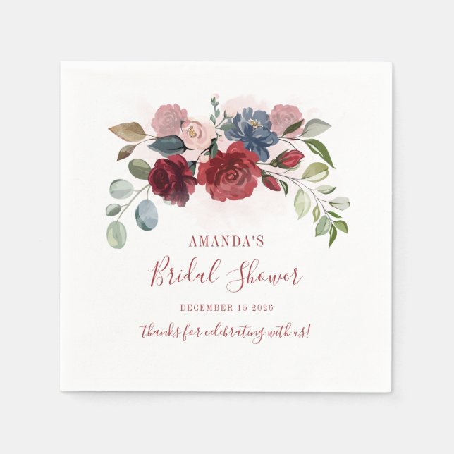 Brautparty Burgund Rustikale Floral Custom Napkin Serviette (Vorderseite)