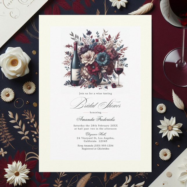 Brautparty "Burgund" und "Navy Floral" Einladung (Burgundy & Navy Floral Wine-Themed Bridal Shower Invitation)