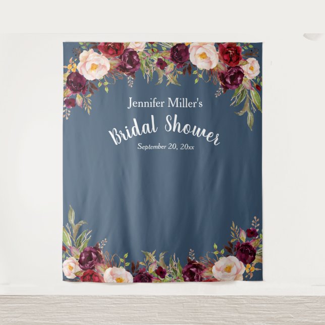 Brautparty Burgundy Blue Floral Name Foto Prop Wandteppich (Vorderseite)