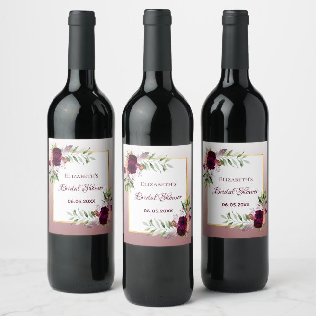 Brautparty burgundy BlumenZimt Rose boho Weinetikett (Flaschen)