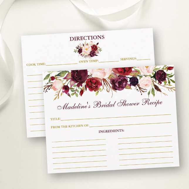 Brautparty Burgundy Floral Gold Rezept Card Hinweiskarte (Customize to change text color, size or text style.)