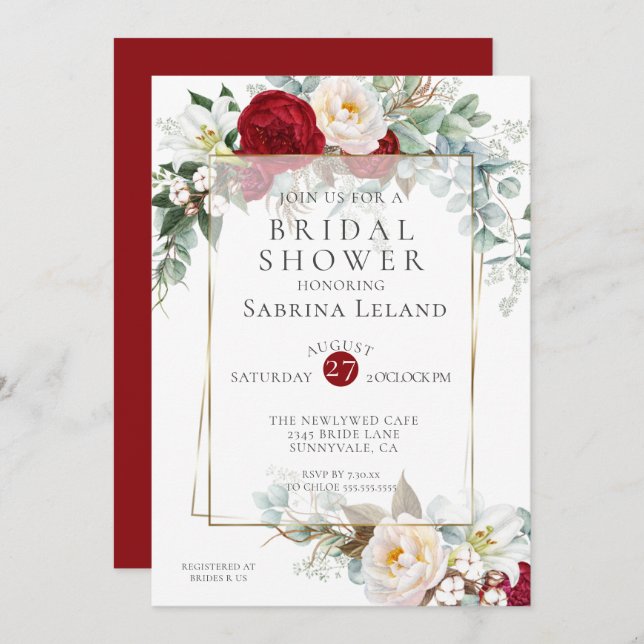 Brautparty | Burgundy Peony Floral Frame Einladung (Vorne/Hinten)