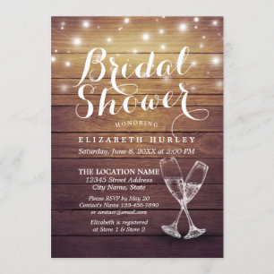 Brautparty Champagne Glasses Wood String Lights Einladung