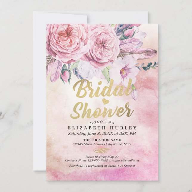 Brautparty Chic Watercolor Boho Blumenfedern Einladung (Vorderseite)