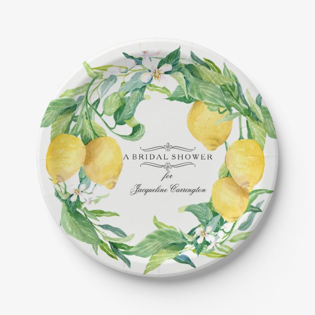 Brautparty Citrus Lemon Floral Leaf Wreath Art Pappteller (Vorderseite)