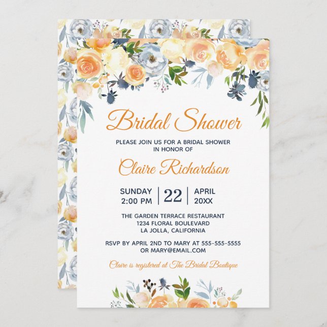 Brautparty Coral Peach Navy Wasserfarbenflora Einladung (Vorne/Hinten)