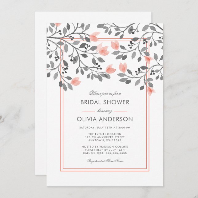 Brautparty Coral und Grauflora Einladung (Vorne/Hinten)