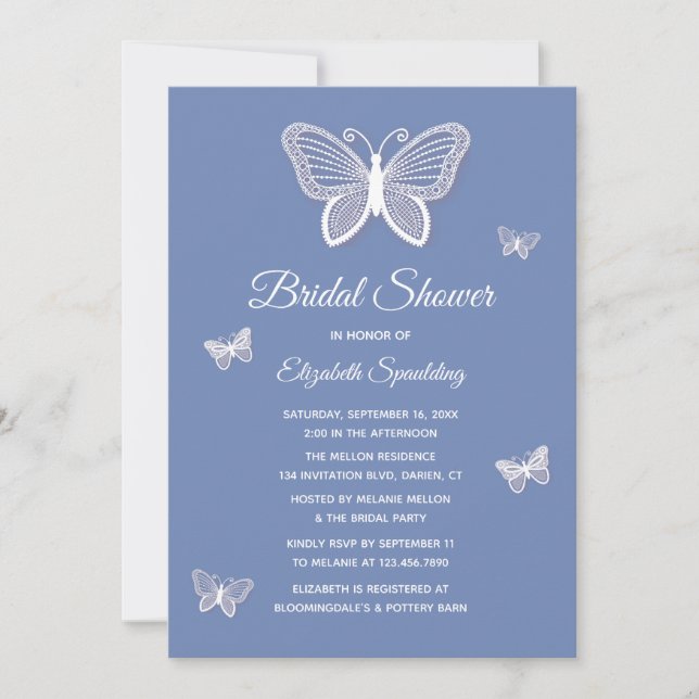 Brautparty Cornflower Blue & White Butterfliegen Einladung (Vorderseite)