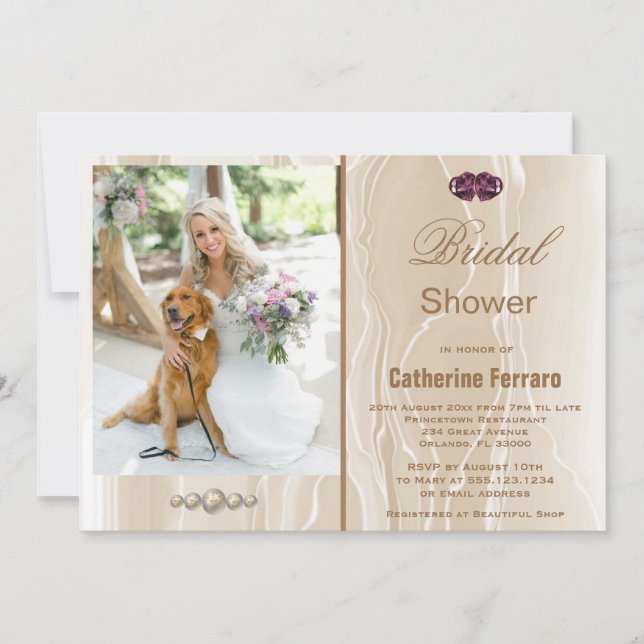 Brautparty & Creme Seide & Herz & Foto Einladung (Vorderseite)