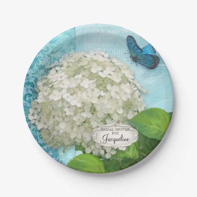 Brautparty Damask White Hydrangea Butterfly Art Pappteller (Vorderseite)