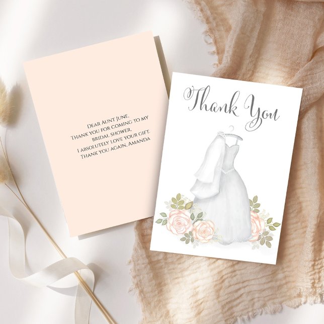 Brautparty Danke, dass Sie Hochzeitskleid haben Dankeskarte (Bridal shower thank you card with elegant white wedding dress. )