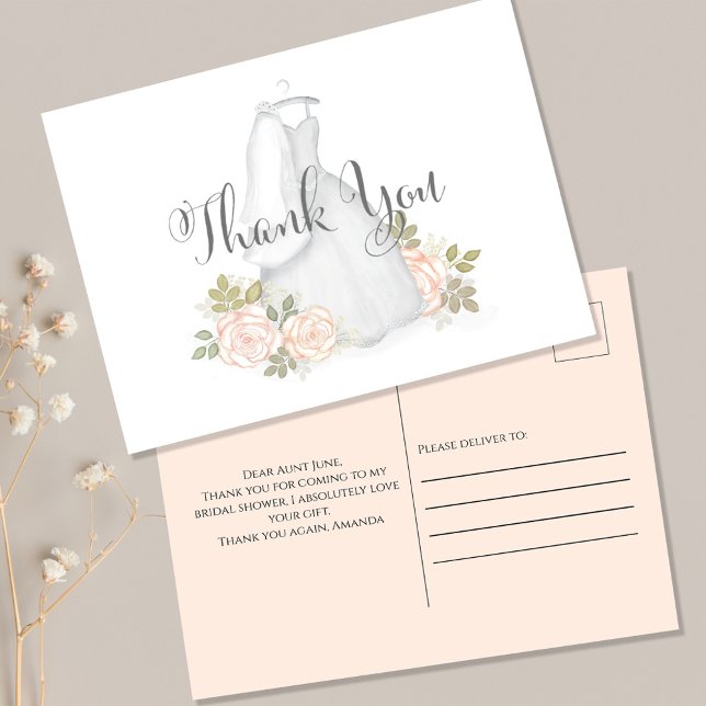 Brautparty Dankeschön Card Elegant Postkarte (Bridal shower Thank you postcard with elegant bridal gown dress. )