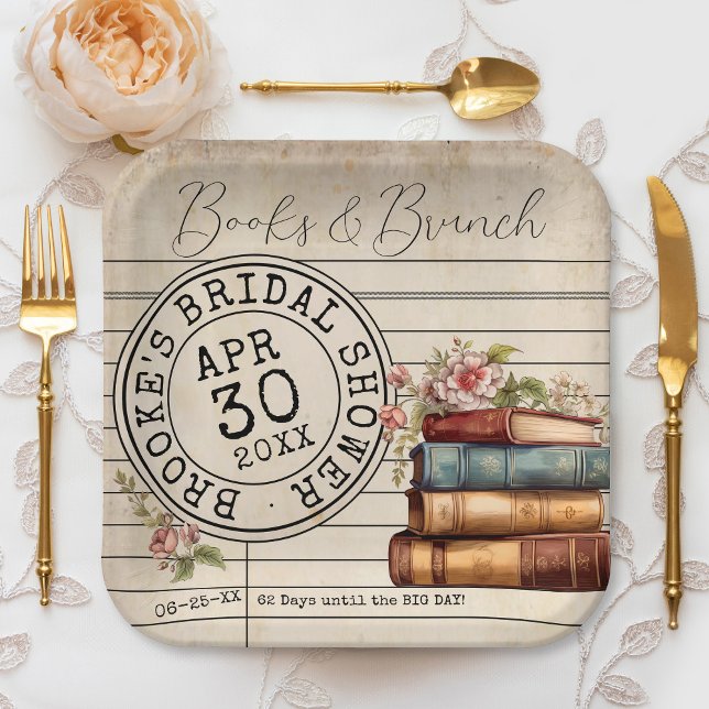 Brautparty der Bibliothek mit Vintagen Blumenbüche Pappteller (Elegant vintage books and brunch floral books romantic literary wedding bridal shower square plates)