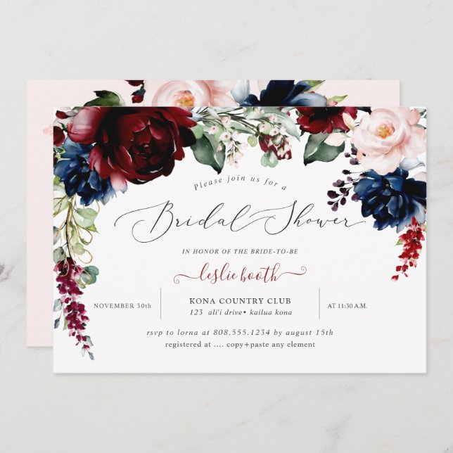 Brautparty der Blume der Burgundy Blush Navy Einladung (Vorne/Hinten)