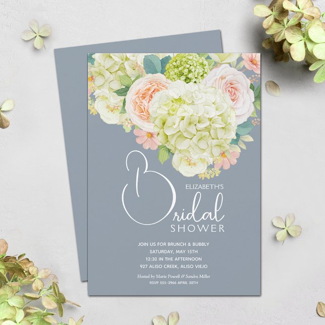 Brautparty der Frühlingsflora Einladung (Hydrangeas and Roses Dusty Blue Bridal Shower Invitations)
