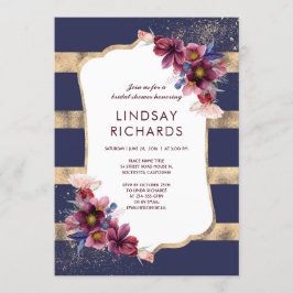 Brautparty der Marine Burgund und Gold Floral Einladung