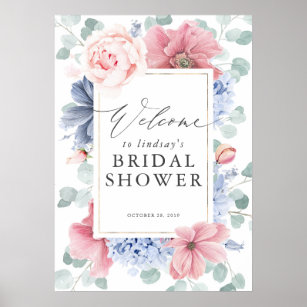 Brautparty Dusty Blue und Pink Floral Willkommen Poster